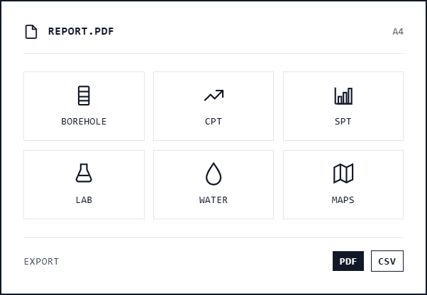 Borebase export report with borehole, CPT, SPT, DPT, lab, water and map outputs